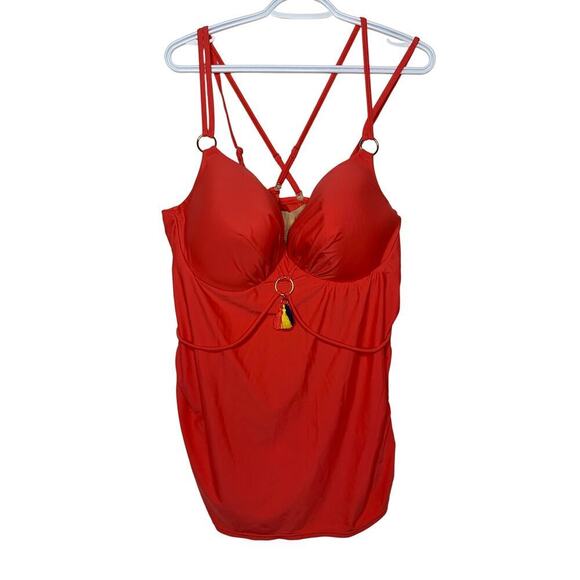 Swim by Cacique Coral Orange Plunge Tankini Tassel Underwire Swim Top - Picture 1 of 6